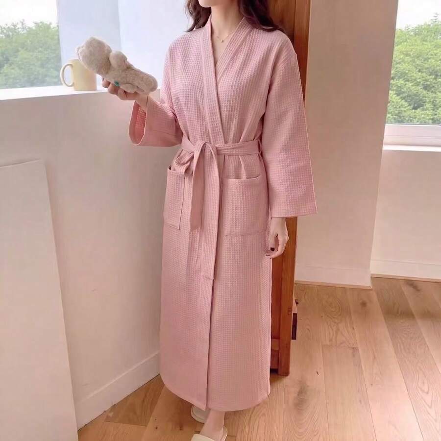 Women's Fashion Loose Casual Waffle Knit Solid Color Bathrobe High-End Loungewear - Pink - View 1