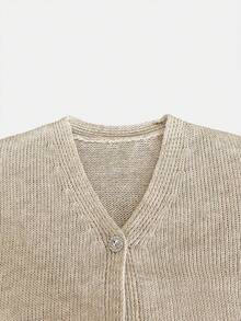 Women's V-Neck Rhinestone Button Loose Long Sleeve Autumn/Winter Casual Fashion Versatile Slouchy Knit Cardigan Sweater - Khaki - View 8