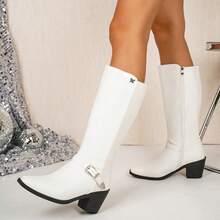 Women's White Western Cowboy Tall Boots, Buckle Side Zipper Chunky Heel, Autumn/Winter Long Boots, Suitable For Concerts, Commuting And Autumn/Winter Outfits - White - View 3