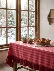 1pc Red And White Thin Striped With Burgundy Ruffle Edge Tablecloth, Christmas Baking Style Fabric Material, Rectangular Burgundy Ruffle Edge Patchwork Detail, Stain-Resistant Protection And Decorative Function For Home Long Table, Suitable For Christmas Baking Decor And Holiday Kitchen Scenes - Red - View 3