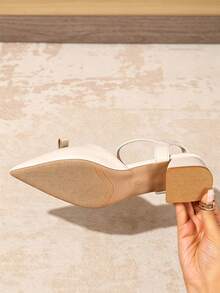 Women's Beige Pointed Toe Ankle Strap Slingback Pumps, Low Chunky Heel Elegant Casual Dating Commuting Formal Shoes - Beige - View 5