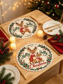 1/2/4pcs Christmas Placemats, Reindeer And Berry Elements, Round Design, Linen Material, Suitable For Christmas Decoration, Family Gatherings, Parties, Table Decor, Holiday Decor, Indoor Decor. - Multiple Styles - View 10
