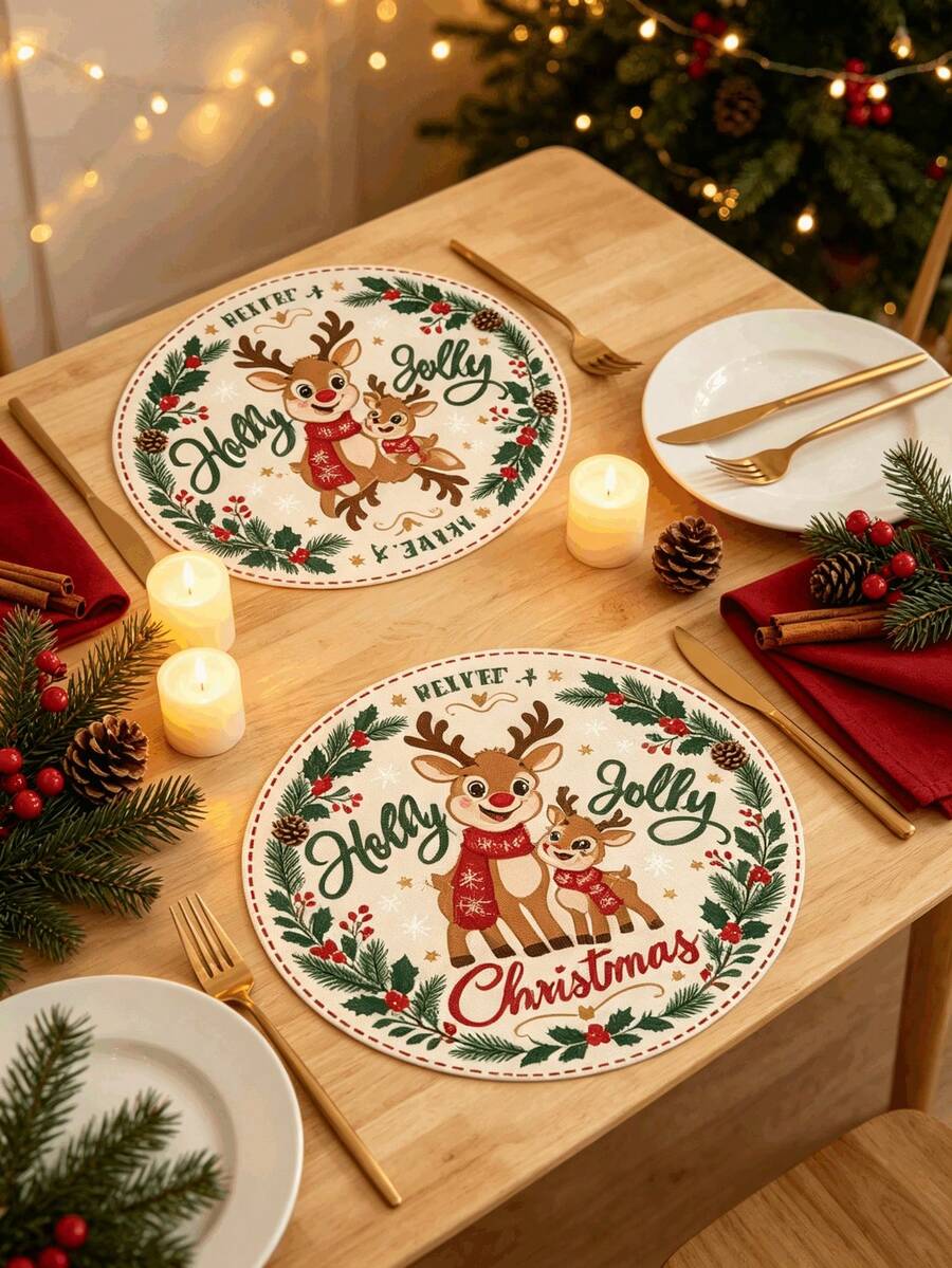 1/2/4pcs Christmas Placemats, Reindeer And Berry Elements, Round Design, Linen Material, Suitable For Christmas Decoration, Family Gatherings, Parties, Table Decor, Holiday Decor, Indoor Decor. - Multiple Styles - View 1