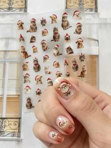 1 Sheet Flat Christmas Nail Stickers, Cute Realistic Cat & Dog Santa Hat Pattern Self-Adhesive Nail Art Decorations - Multicolor - View 3