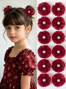 6pcs Red Tulle Flower Hair Clips, Rhinestone Pearl Fabric Hair Accessories, Korean Style Sweet Children's Hair Clips, Suitable For Daily Wear And Party - Multicolor - View 1