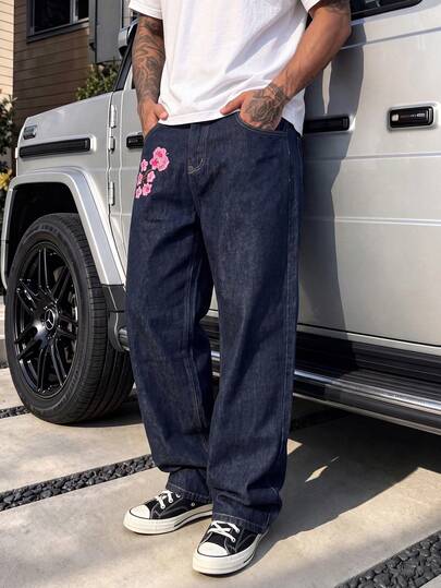 Men's Fashion Artistic Wide Leg Denim Jeans, Exquisite Plum Blossom Floral Embroidery Art Decoration, Loose Relaxed Fit, Party & Daily Wear Street Fashion Casual Long Pants
