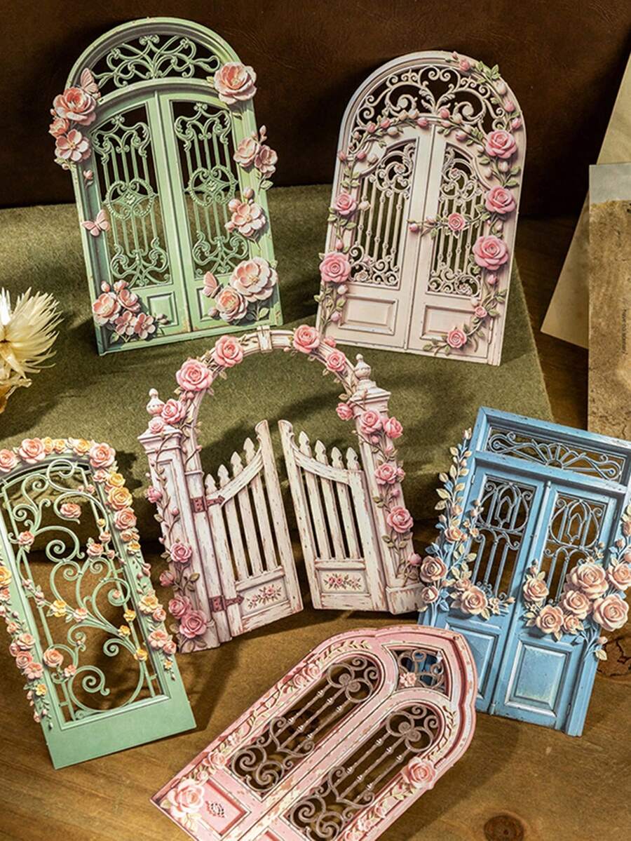 10pcs Vintage Garden Flower Gate Hard Card Stickers, Scrapbook DIY Collage Decoration, Journal Planner Material - Garden Gate - View 1