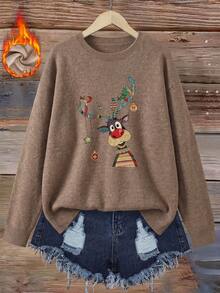 Plus Size Women Ghost Reading Bookshelf Pattern Casual Pullover Sweater - Earth Gray - View 1