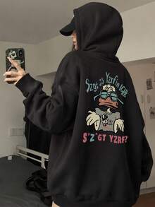 Women's Loose Casual Cartoon Duck Print Hooded Sweatshirt, Versatile For Autumn & Winter,Long Sleeve Tops - Black - View 1
