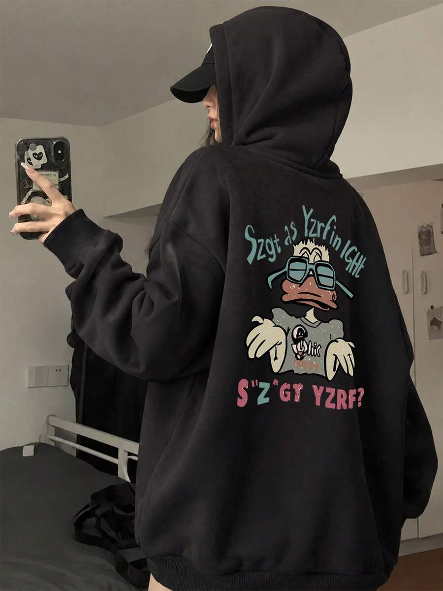Women's Loose Casual Cartoon Duck Print Hooded Sweatshirt, Versatile For Autumn & Winter,Long Sleeve Tops - Black - View 1