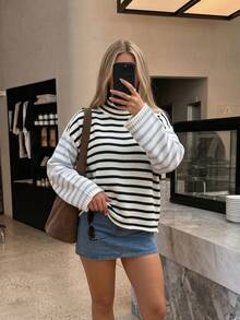 Joy Knit Women's Sweater Autumn/Winter Fashion New Style - Minimalist Casual Versatile Home Daily Outing Outfit - Round Neck Retro Striped Color Block Loose Sleeve Knit Pullover Sweater Long Sleeve - Office Outfits For Women - Going Out Tops - Party - White - View 5