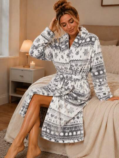 Bata de baño con capucha de franela para mujer, estilo de felpa con estampado Fair Isle, diseño casual de manga larga, con lazo ajustable y bolsillos profundos, ajuste holgado, bata de baño interior para otoño/invierno