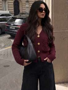 Women's Burgundy V-Neck Long Sleeve Sweater With Gold Buttons, Fashionable Autumn Cardigan, Regular Fit - Burgundy - View 3