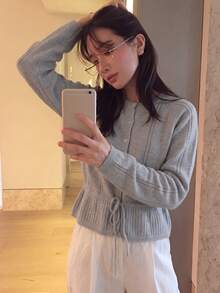 Women's Autumn/Winter Raglan Long Sleeve Waist Tie Casual Knit Cardigan - Grey - View 2