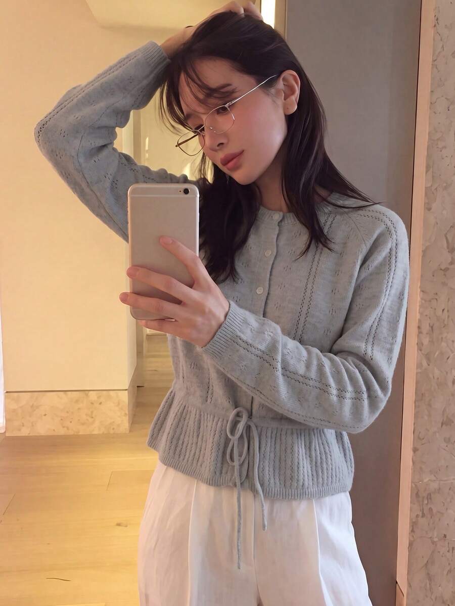 Women's Autumn/Winter Raglan Long Sleeve Waist Tie Casual Knit Cardigan - Grey - View 1