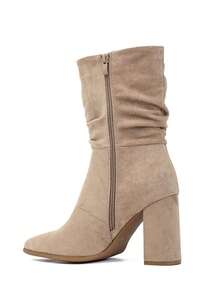 Mid-Calf Pleated Suede Ankle Boots With High Heels – - Khaki - View 3