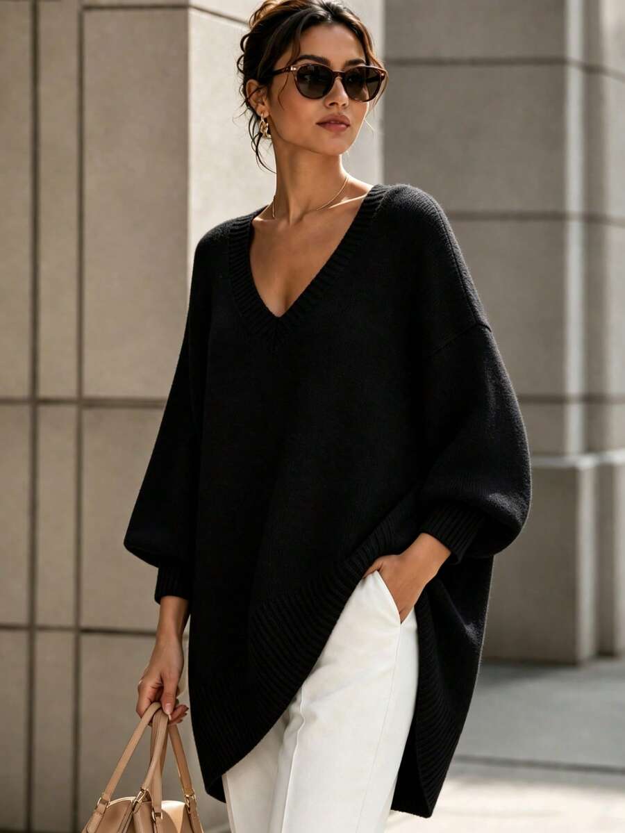 Early Autumn Slouchy V-Neck Long Knit Sweater Women Loose Drop Shoulder Long Sleeve Pullover, Soft Skin-Friendly Draping Slimming, Minimalist Versatile For Daily Commute