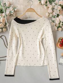 Women's Autumn/Winter Polka Dot Asymmetric Collar Long Sleeve Sweater - Apricot - View 7
