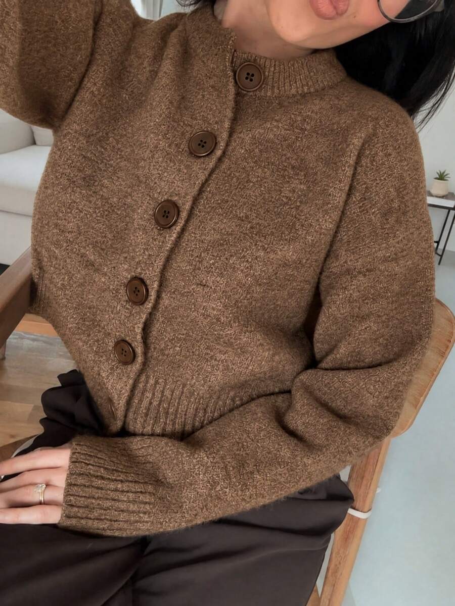 MORI 秋冬圓領長袖針織開襟毛衣，女款新款休閒寬鬆慵懶軟綿毛衣，時尚優雅極簡純色，新年必備上衣