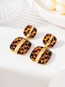 1 Pair 3D Double Layer Leopard Print Exaggerated Dangle Earrings, Gold Rim Vintage Tortoiseshell Long Earrings, Women's Wild Style Accessory - Yellow Gold - View 5