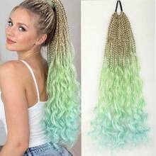 Synthetic Box Braid Ponytail Extension For Women, Long Thin Braids With Wavy Curly Ends, Ombre , Festival Boho Party Concert Daily - Multicolor - View 7