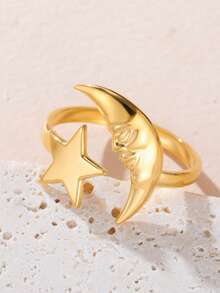 LIKGREAT 1pc Women's Fashion Stainless Steel Sun & Moon Shaped Open Ring, Unique Design, Unisex Gift - Fashion Series - View 6