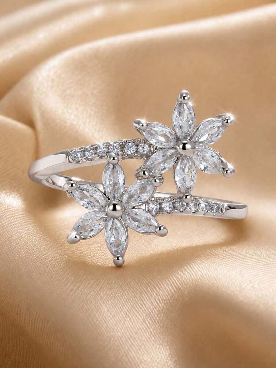 1pc Girl's Cherry Blossom White Square Crystal Ring, Adjustable Flower Ring, Delicate Stackable Jewelry For Girls Party Prom Dates & Daily - one-size - View 1