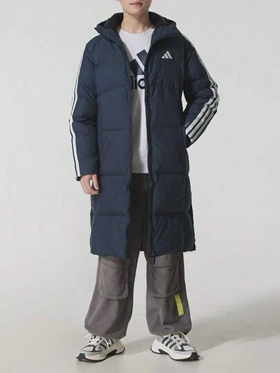 Adidas 3S L DOWN JKT Men's Long Hooded Down Jacket Blue
