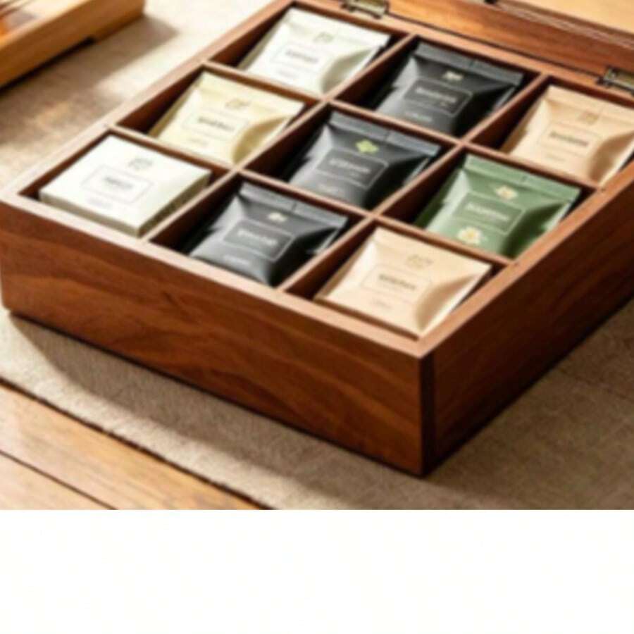 1pc Wooden 9-Compartment Tea Bag Storage Box, Divided Tea Bag Organizer, Multi-Slot Tea Storage Rack, Suitable For Kitchen Countertop, Coffee Station, Home Decor, Housewarming Gift - Brown - View 1