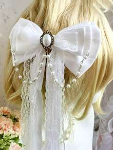 1件白色蕾絲髮箍，附甜美蝴蝶結與緞帶，蘿莉塔風時尚 Cosplay 女款髮飾 - 白色 - 查看 1
