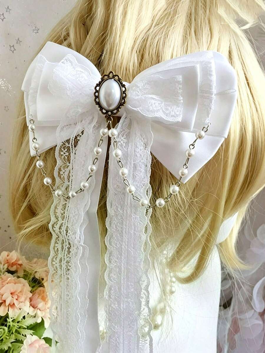 1件白色蕾絲髮箍,附甜美蝴蝶結與緞帶,蘿莉塔風時尚 Cosplay 女款髮飾 - 白色 - 查看 1