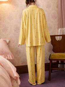 Gongdie 2pcs/Set Miffy Women's Pajama Set, Autumn Yellow Polka Dot Soft Cotton Loungewear With Pockets - Yellow - View 7