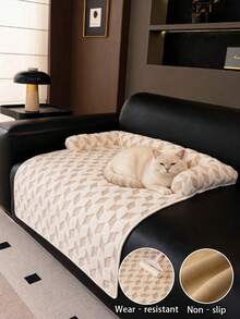 1pc Herringbone Diamond Pattern Jacquard Plush Pet Sofa Pad With Side Trim, Dotted Non-Slip Bottom Anti-Scratch Tear-Resistant Cat Dog Sofa Sleeping Mat, Soft Fluffy Stain-Resistant Anti-Cling Fur, Thick Machine Washable All-Season Pet Sofa Protector Pad, Suitable For Car, Sofa, Floor, Outdoor, 3 Colors Available Modern Minimalist Style Autumn Home Decor - Khaki - View 1