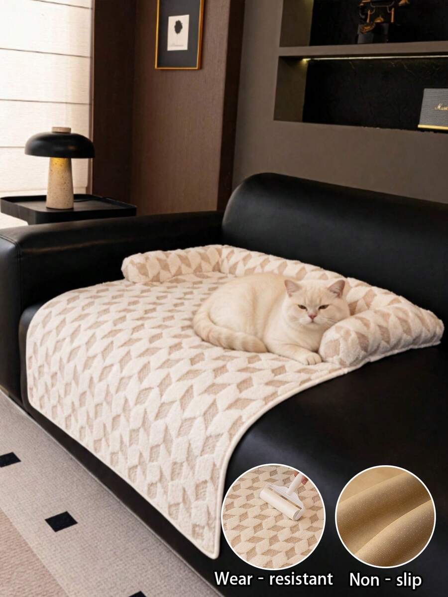 1pc Herringbone Diamond Pattern Jacquard Plush Pet Sofa Pad With Side Trim, Dotted Non-Slip Bottom Anti-Scratch Tear-Resistant Cat Dog Sofa Sleeping Mat, Soft Fluffy Stain-Resistant Anti-Cling Fur, Thick Machine Washable All-Season Pet Sofa Protector Pad, Suitable For Car, Sofa, Floor, Outdoor, 3 Colors Available Modern Minimalist Style Autumn Home Decor - Khaki - View 1
