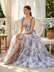 Vestido largo hombros al descubierto con lazos estampado floral organza falda multicapa amplia corsé ajustado estilo romántico ideal para boda fiesta graduación y eventos formales - Azul cielo - Ver 5