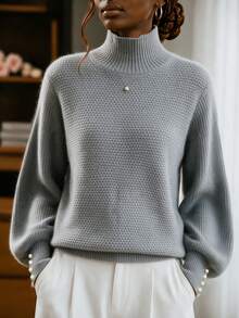 Women's Fall Winter Heather Gray Waffle Knit Mock Turtleneck Lantern Sleeve Pearl Button Cuff Oversized Sweater, Elegant Casual Daily Office Wear - Grey - View 1