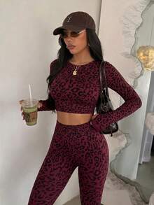 Seamless Basic Leopard Print Long Sleeve Sports Top & Long Pants Set - Burgundy - View 5