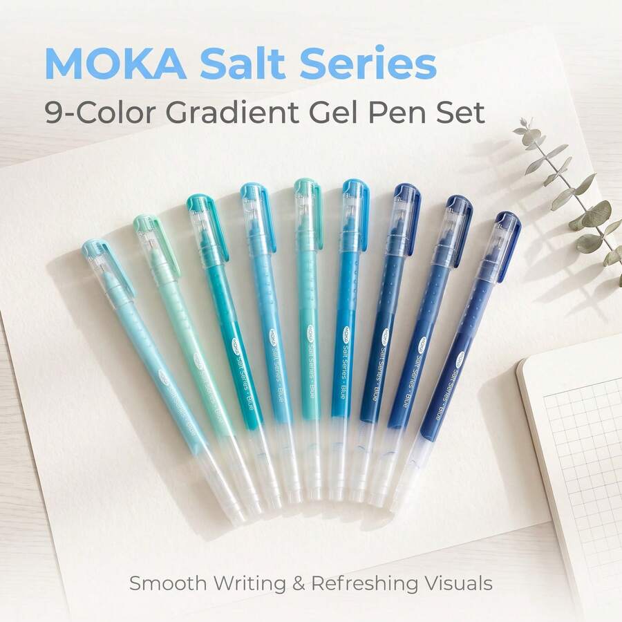 9PCS Cool Blue & Cyan Straight Barrel Neutral Pen Set, Multi-Shade Blue Ink Combination, Cap Protects Nib, Daily Writing Journaling Highlighting Note-Taking Tool - Blue Set - View 1