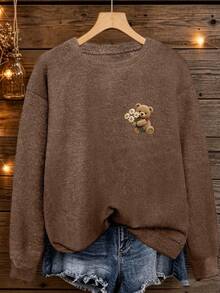 Plus Size Women's Ghost Reading Bookshelf Graphic Casual Pullover Sweater - Dark Ochre - View 1