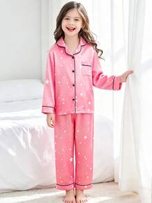 2pcs Tween Girl Starry Sky Print Trim Long Sleeve Top And Pants Pajama Set, Pink - Multicolor - View 5