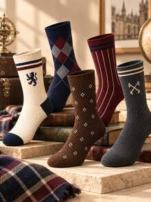 5 Pairs Men's British Retro Mid-Calf Socks, Argyle Striped Geometric Pattern Preppy Knit Socks, Business Casual Commute Office Daily Versatile Men's Socks - Multicolor - View 5