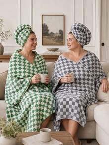1pc/2pcs - Checkerboard Pattern Bath Towel & Hair Drying Cap, Bath Towel Size 90*170 Cm, Matching Checkerboard Pattern Hair Drying Cap, Soft And Thick, Quick-Drying. Classic Checkerboard Appearance, Skin-Friendly Fabric, No Shedding. Multiple Colors Available, Home Bathing, Combining Aesthetics And Practicality. - Multicolor - View 9
