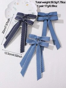 2pcs/6pcs Girls Denim Fabric Bow Hair Clips, Wavy Edge Long Ribbon Alligator Hair Clips, Gentle Atmosphere Side Hair Clips Hair Accessories - Multicolor - View 6