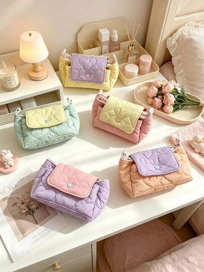 1Pc Heart-Shaped Quilted Color-Blocking Multi-Functional Bag For Accessories,Wallet,CCD Camera Bag,Lipstick,Skincare,Etc.,Makeup Bag,Travel Essential