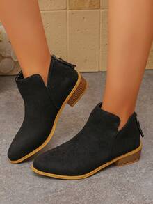 Women's Comfortable Round Toe Suede V-Cut Back Zipper Low Heel Black Ankle Boots Casual Style Autumn/Winter New Daily Wear - Black - View 3