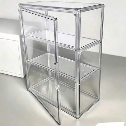 1 pieza Organizador de exhibición de acrílico con puerta y 3 estantes, caja de almacenamiento transparente para cosméticos, perfumes y accesorios, diseño anti polvo, estructura resistente, ideal para tocador, dormitorio y escritorio, permite ver los artículos fácilmente, mantiene ordenados tus productos de belleza
