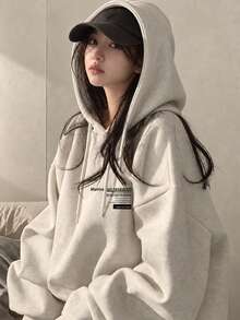 Women's Casual Loose Fit Letter Print Sweatshirt With Thermal Lined, Versatile For Autumn/Winter - Light Grey - View 1