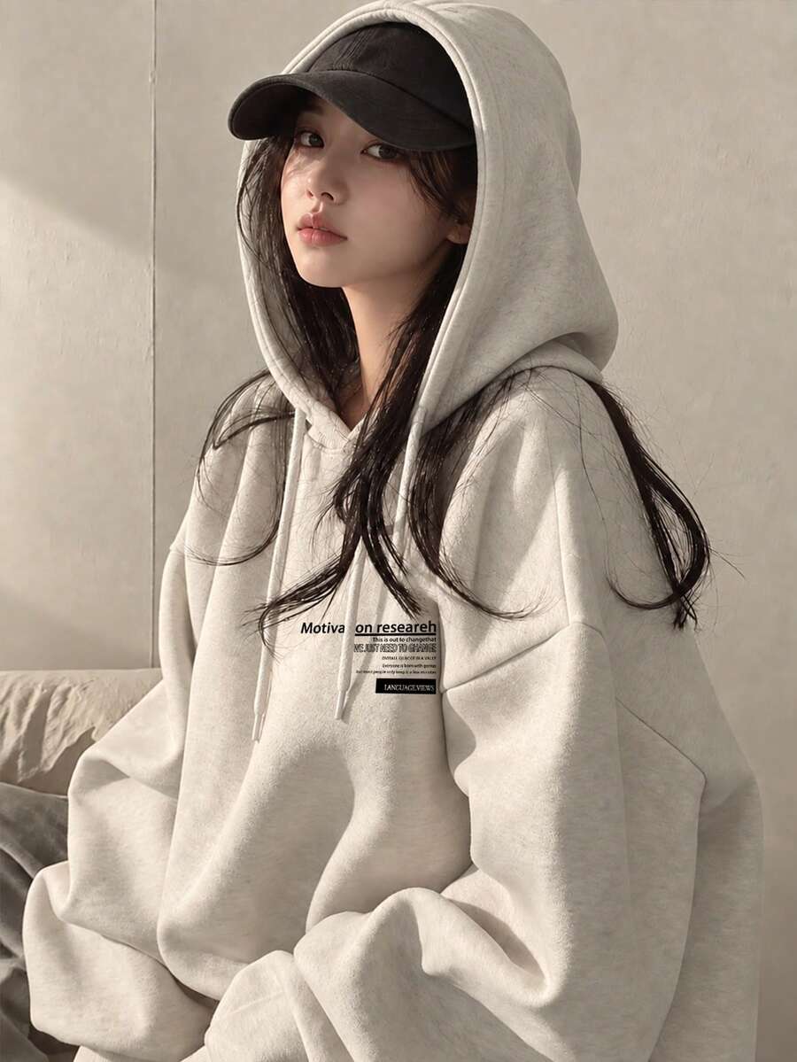 Women's Casual Loose Fit Letter Print Sweatshirt With Thermal Lined, Versatile For Autumn/Winter - Light Grey - View 1