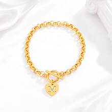 1pc Simple Vintage Heart Hollow Initial Toggle Clasps Stainless Steel Chain Anklet For Women - Yellow Gold - View 3