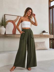 Pantalon long décontracté vintage pour femmes, jambes larges, avec volants plissés, grandes poches, coupe ample, pour les vacances - Vert - Voir 2